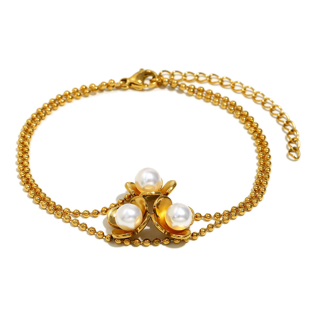 Fashionable OL Style Floral Shape Stainless Steel Plated 18K Gold Beaded Bracelet for Women