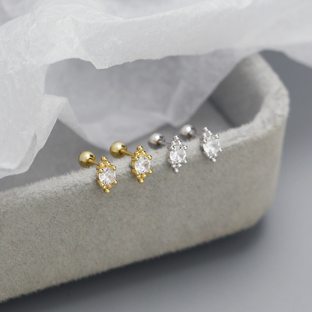 Minimalist 925 Sterling Silver Round Geometric Polka Dot Cubic Zirconia Inlay Stud Earrings