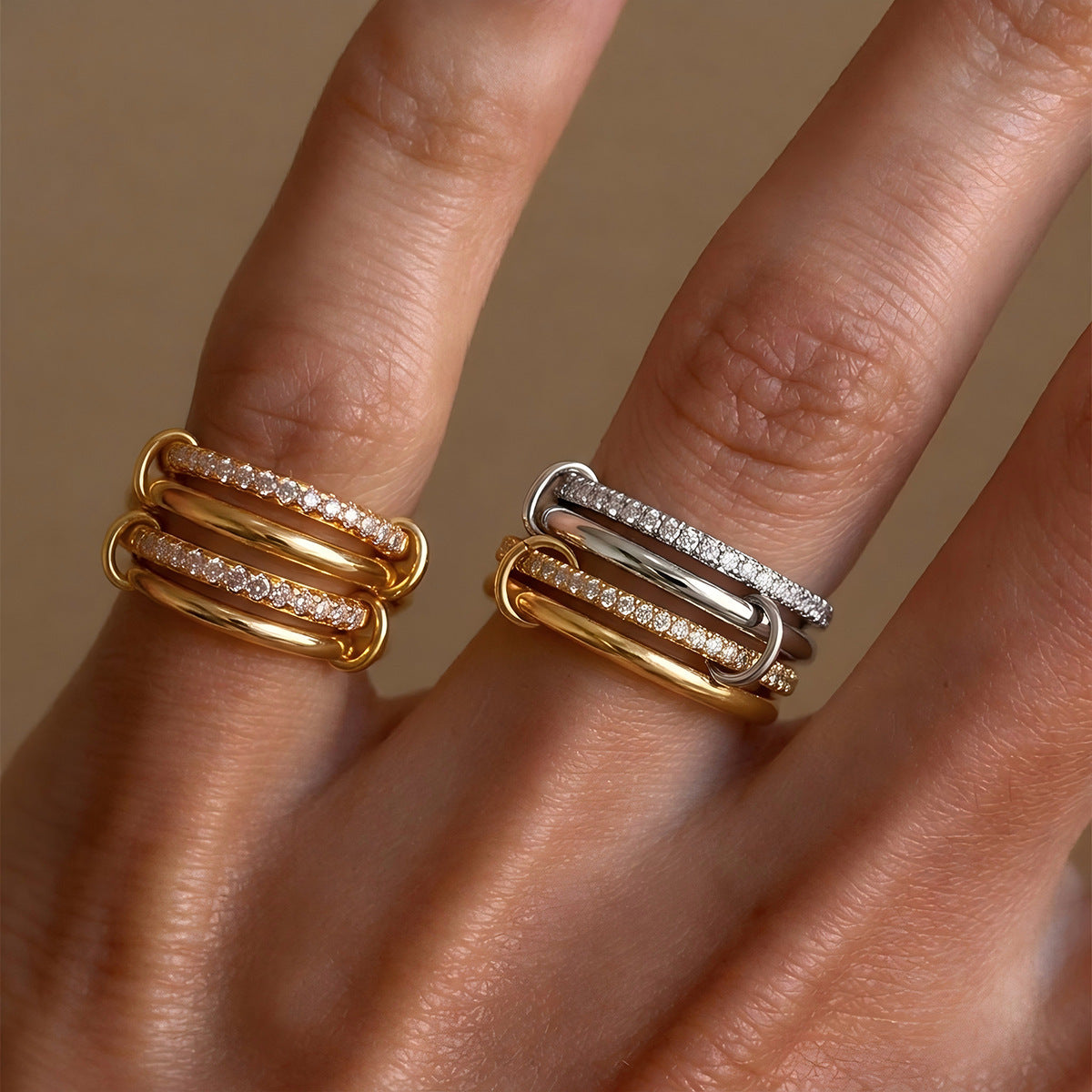18K Gold Plated Stainless Steel Geometric Ring with Cubic Zirconia Inlay for Women