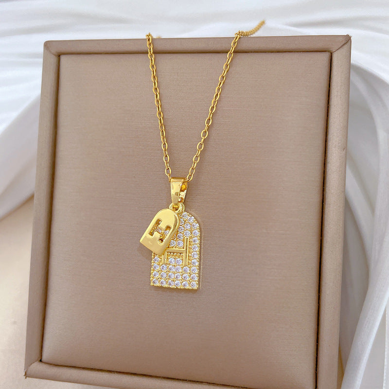 Sweet Minimalist Letter Cubic Zirconia Titanium Steel Necklace Double Layer Chain for Unisex