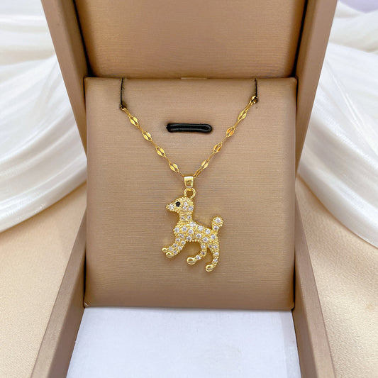 Collana con Pendente Minimalista a Forma di Cane in Acciaio al Titanio con Intarsio di Strass per Donne e Uomini