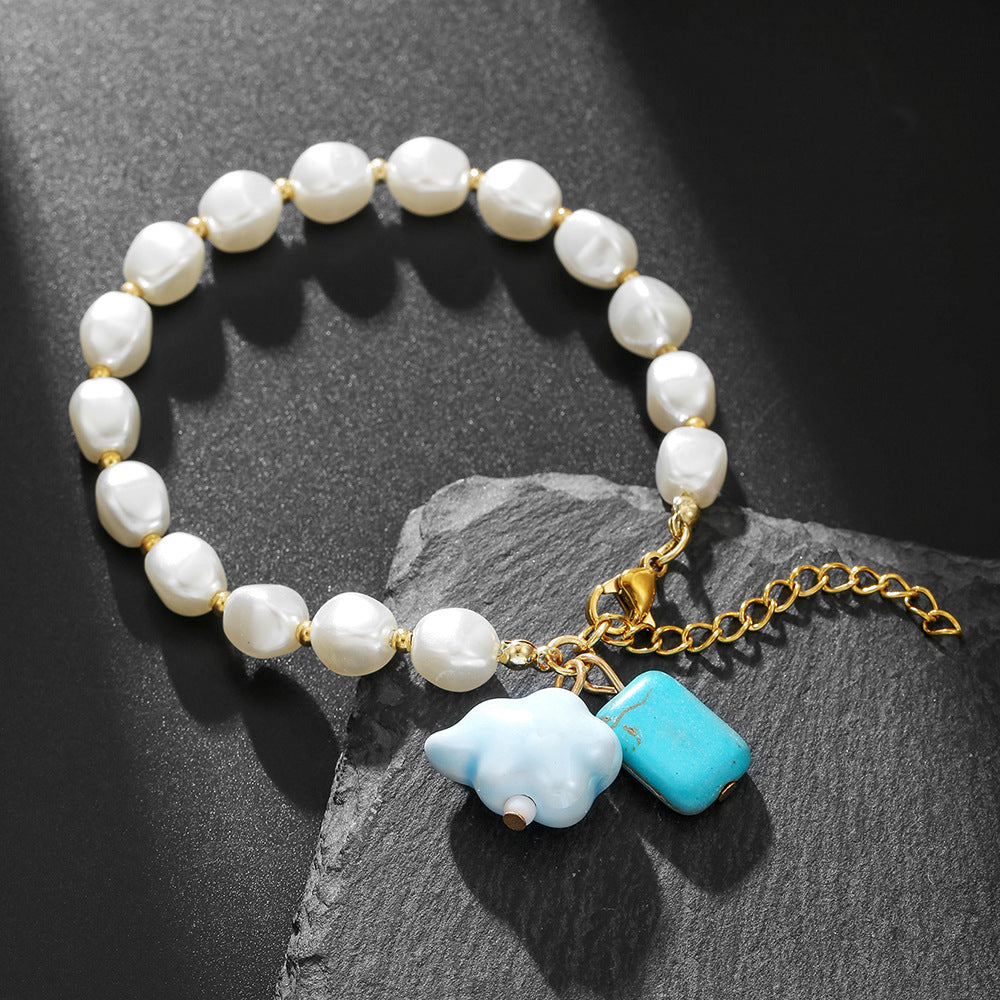 Sweet Geometric Turquoise Ceramic Imitation Pearl Bracelet for Unisex
