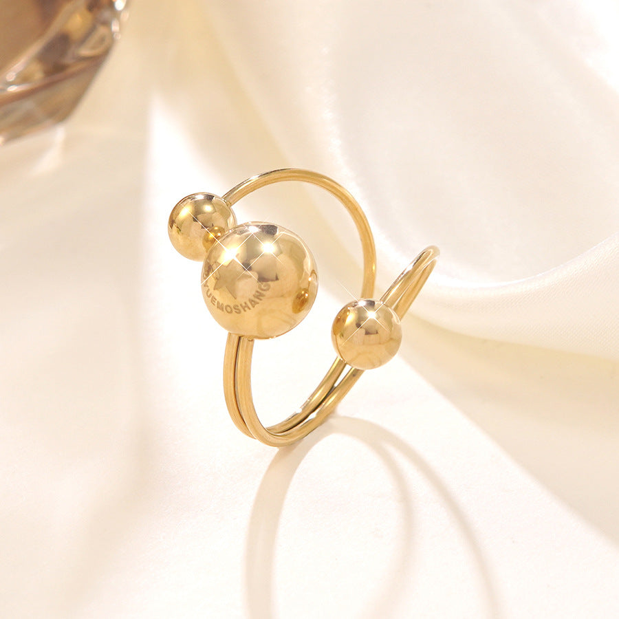 Minimalist Stainless Steel Plated Geometric Round Asymmetric Three-Ball Open Ring for Women