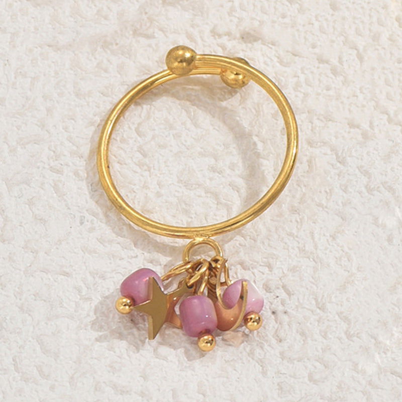 Anillo Abierto Geométrico para Mujer con Diseño de Estrella y Luna, Banda de Cobre con Incrustaciones de Perlas, Anillo de Dedo Minimalista de Moda para Dedo Índice