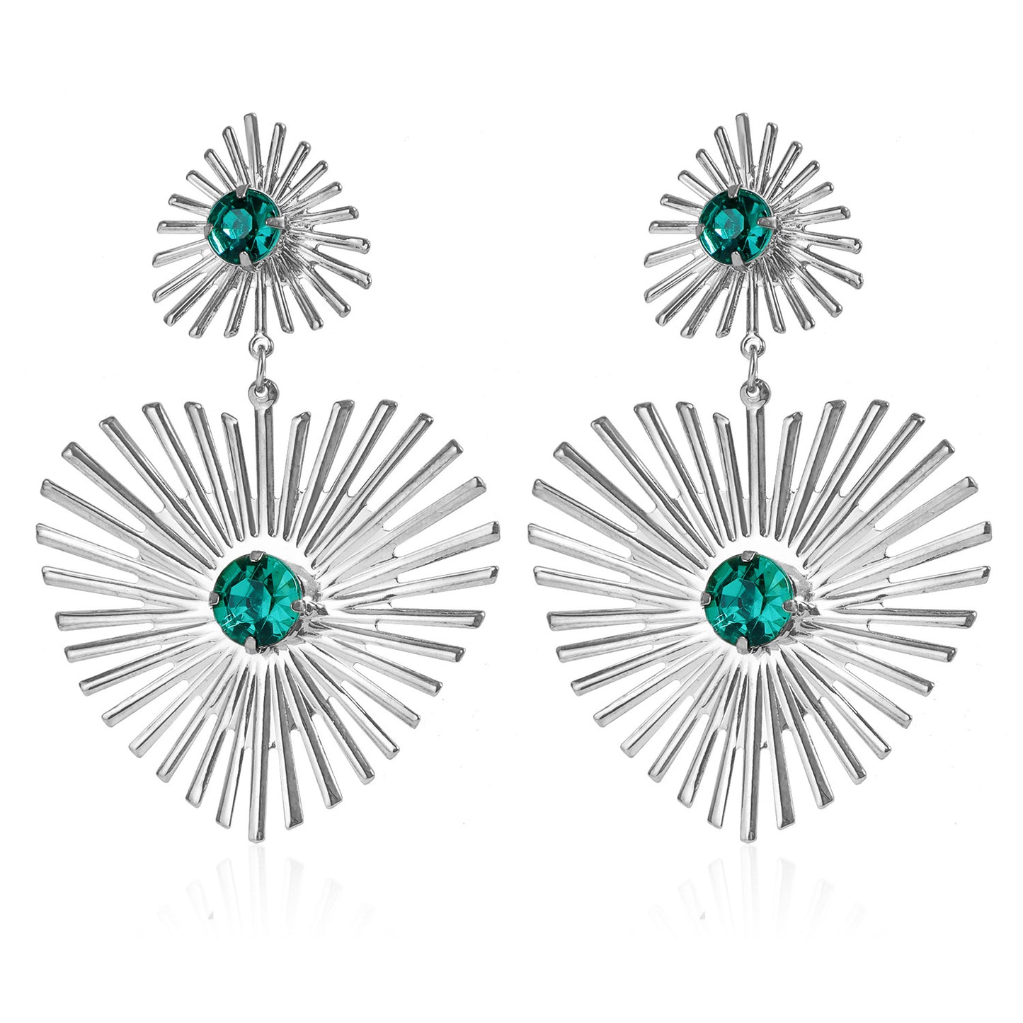 Pendientes de aleación para mujer con acabado chapado, diseño geométrico de corazón, inspirados en el estilo vintage, adornados con pedrería de color verde esmeralda