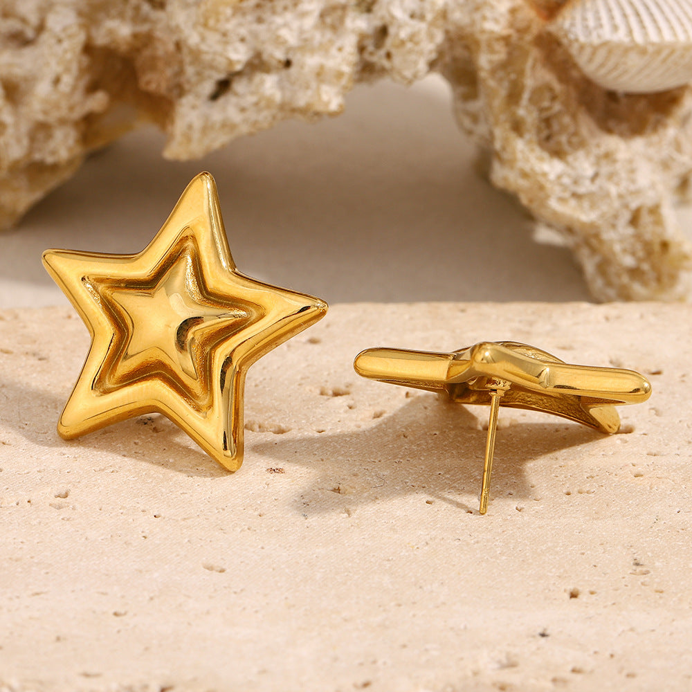 Fashionable Star-Shaped Stainless Steel Earrings with 18K Gold Plating Enamel Shell Pearl and Floral Accents