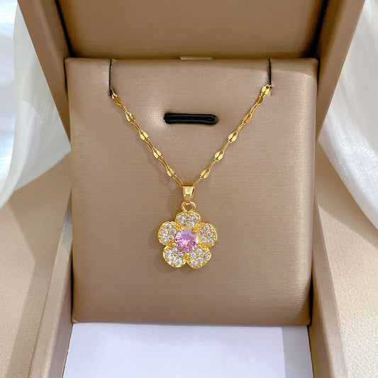Elegante collar de acero de titanio con forma de flor y micropavé para mujer, delicada cadena de clavícula