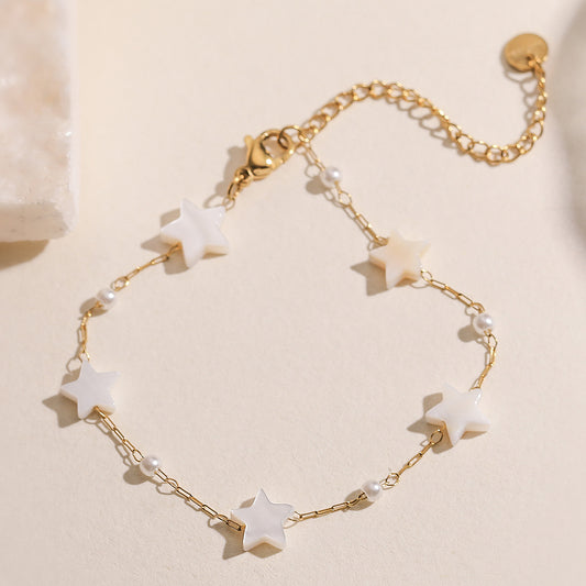 Minimalist Elegant Star Geometric Stainless Steel Plated Bracelet with Shell Pearl Irregular Design for Women