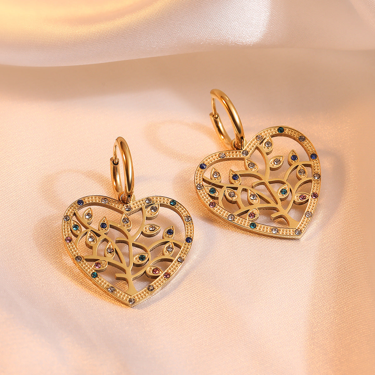 Minimalist Geometric Tree-Shaped Titanium Steel Earrings for Women with Genuine Gold Plating and Zircon Inlay