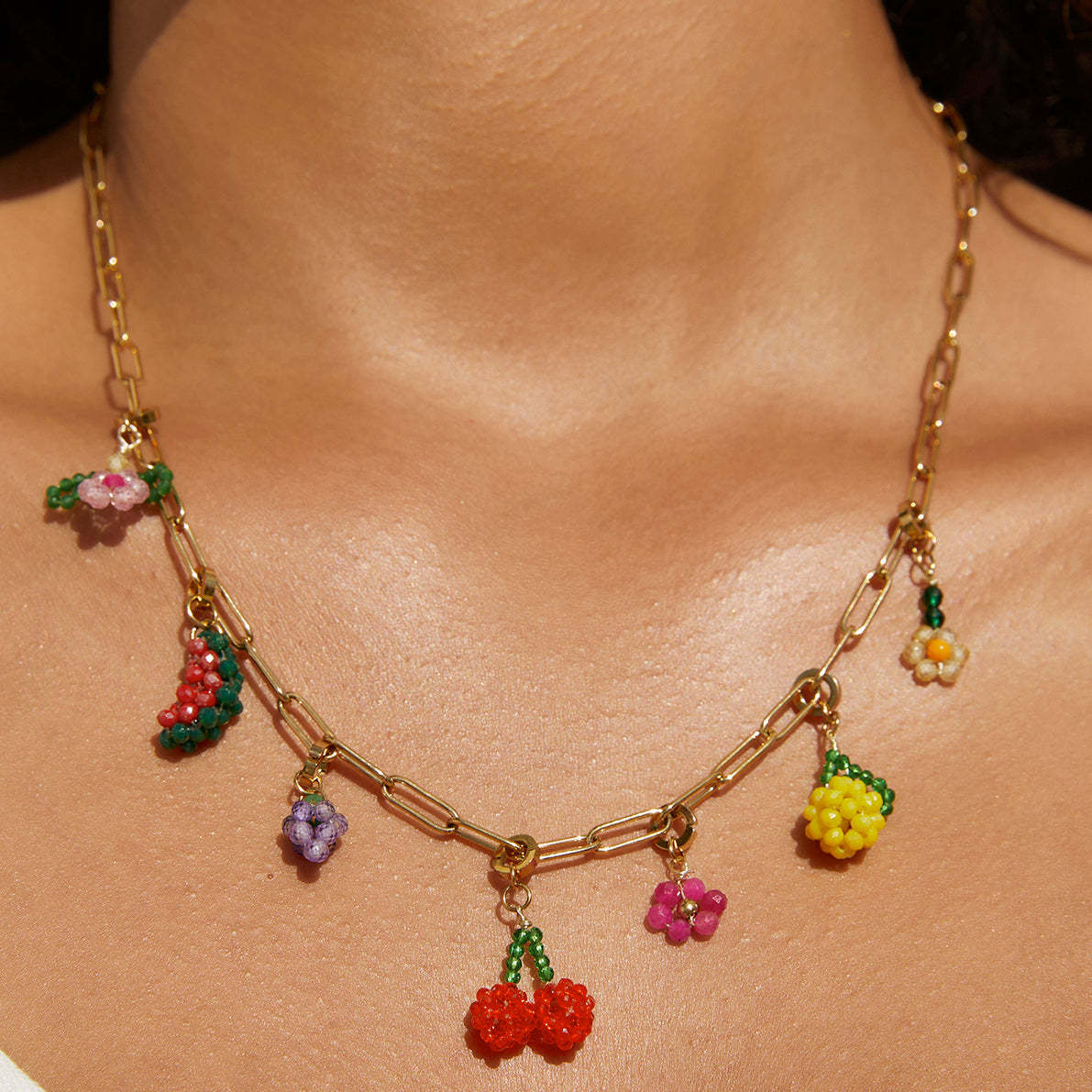 18K Gold Plated Titanium Steel Fruit Pendant Necklace with Cubic Zirconia for Women