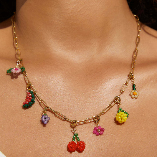 18K Gold Plated Titanium Steel Fruit Pendant Necklace with Cubic Zirconia for Women
