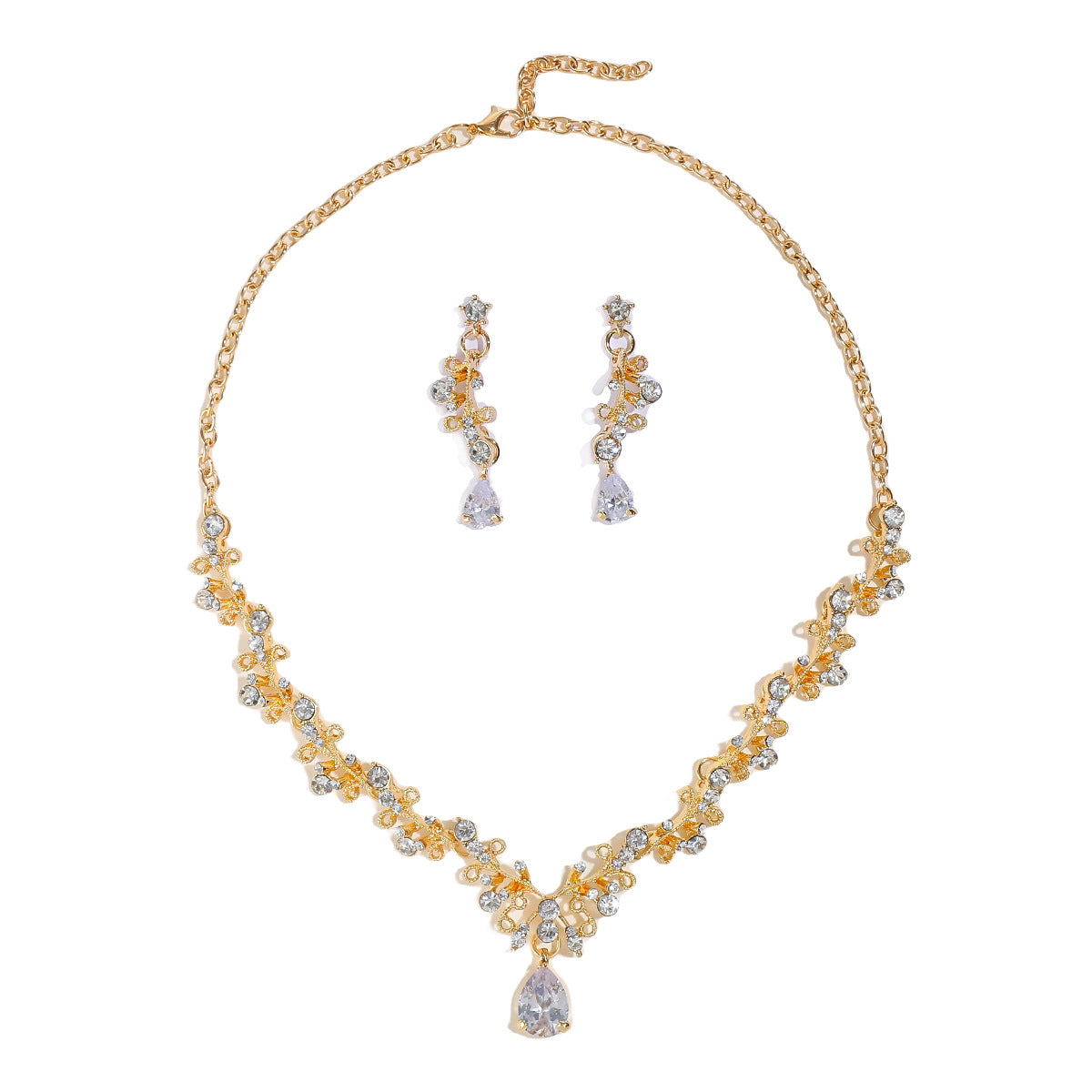 Set di collana e orecchini in lega dolce e fresca con ciondolo in cristallo a forma di campana a goccia a cuore, finitura placcata per donna