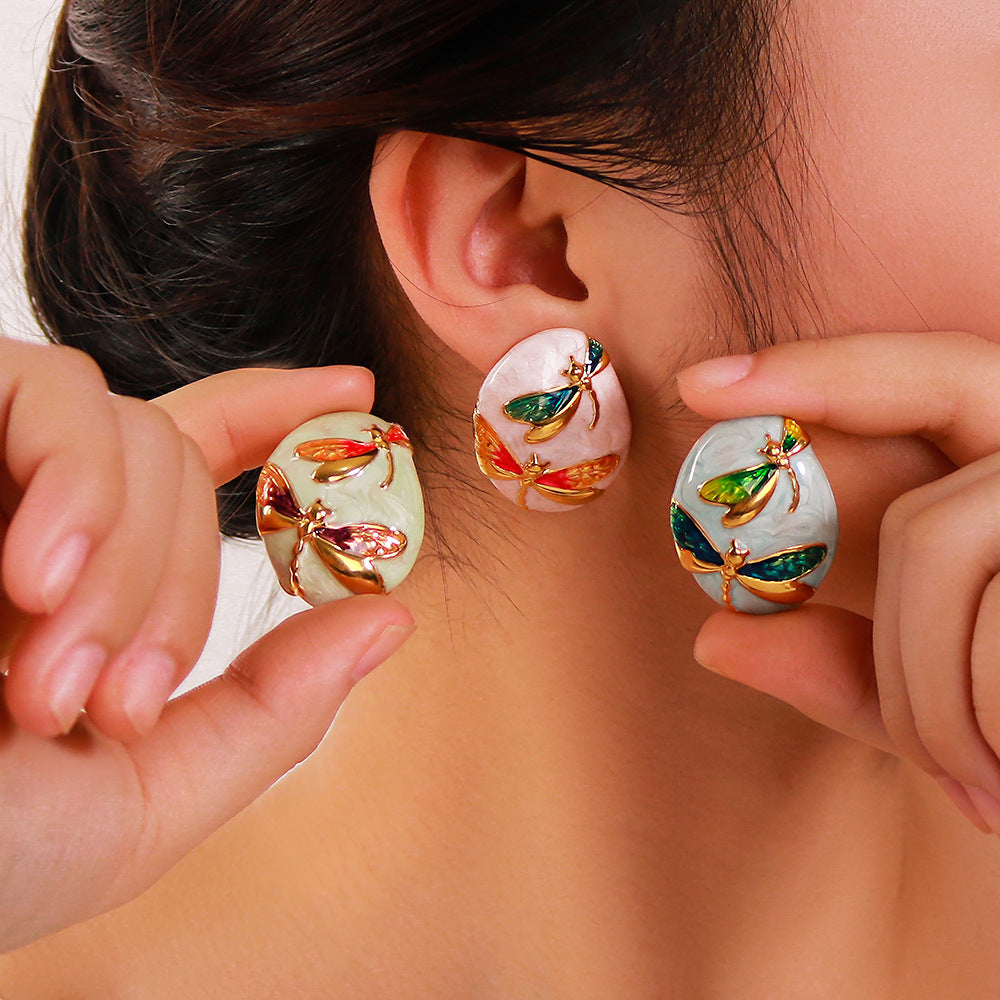 Minimalist Asymmetrical Oval Stainless Steel Earrings with Enamel Dragonfly Pattern and 18K Gold Plating for Women