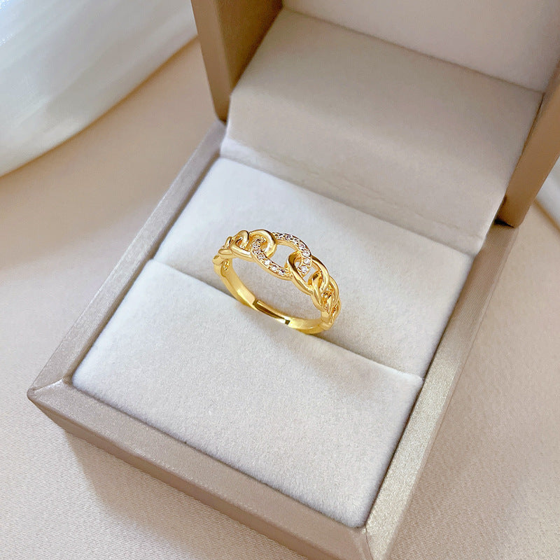 Anello a catena regolabile di lusso con intarsio completo di strass e design a corona per donna, gioiello da mano in stile giapponese minimalista