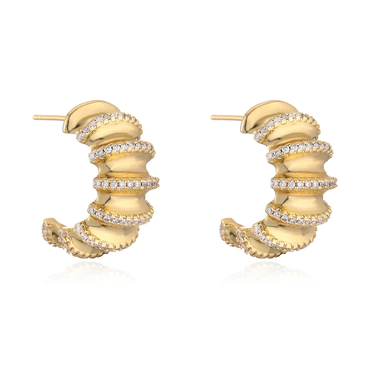 Minimalist Geometric C-Shaped Copper Earrings with 18K Gold Plating and Micro-Paved Zirconia for Women