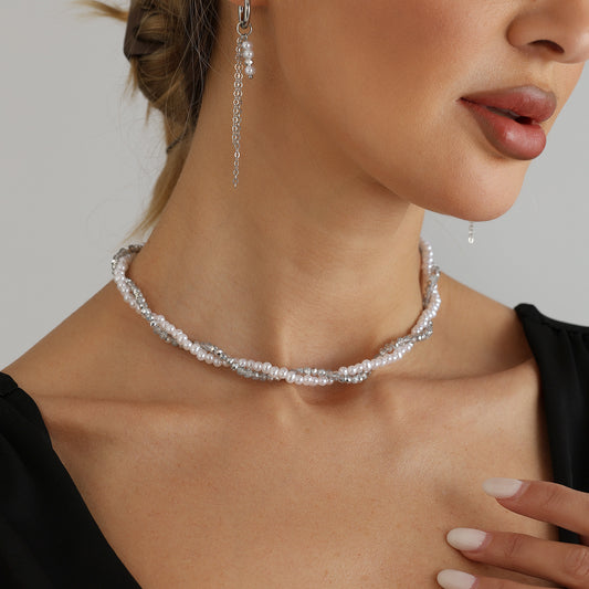 Casual Geometric Alloy Necklace with Pearl and Crystal Inlay Plated Finish Cable Chain for Women and Men