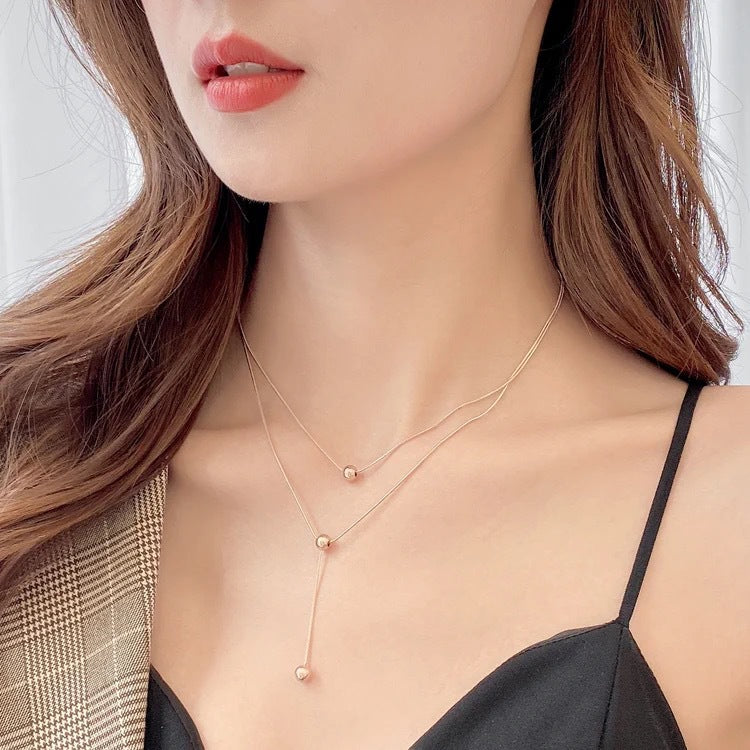 Minimalist Geometric Double-Layer Titanium Steel Snake Chain Necklace with Tassel Pendant for Women