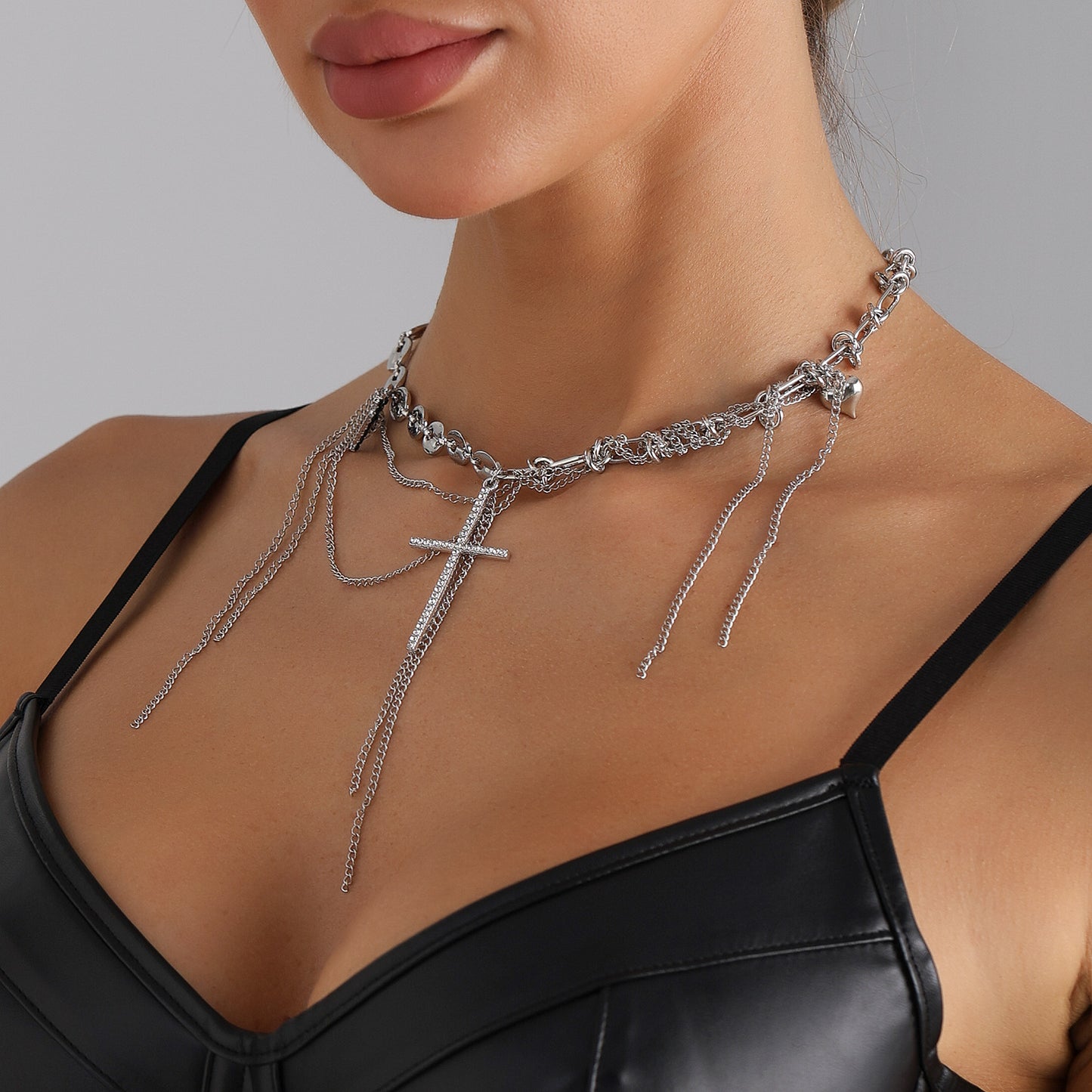 Minimalist Cross Heart Geometric Alloy Plated Necklace with Tassel Cable Chain for Women