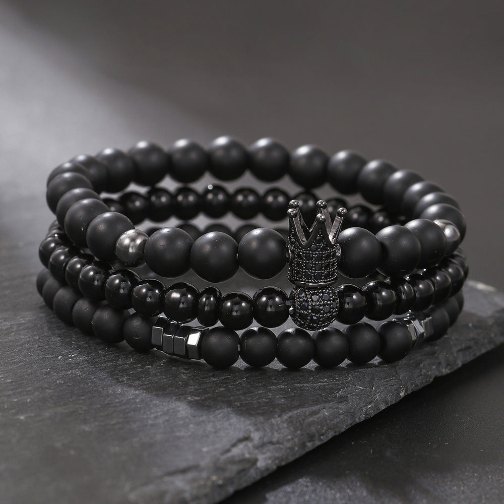Matte Black Hematite Geometric Round Bracelet with Micro-Inlaid Cubic Zirconia Crown Beads for Unisex