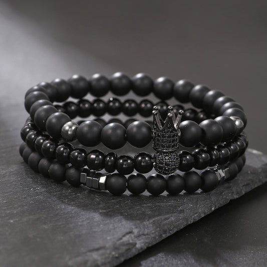 Matte Black Hematite Geometric Round Bracelet with Micro-Inlaid Cubic Zirconia Crown Beads for Unisex