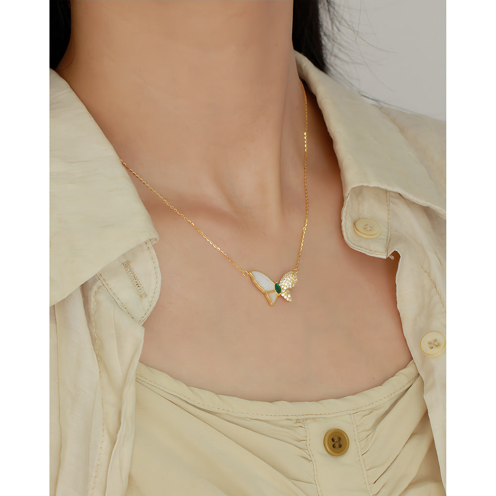 Elegant 925 Sterling Silver Plated Butterfly Mother of Pearl Pendant Necklace Curb Chain for Women