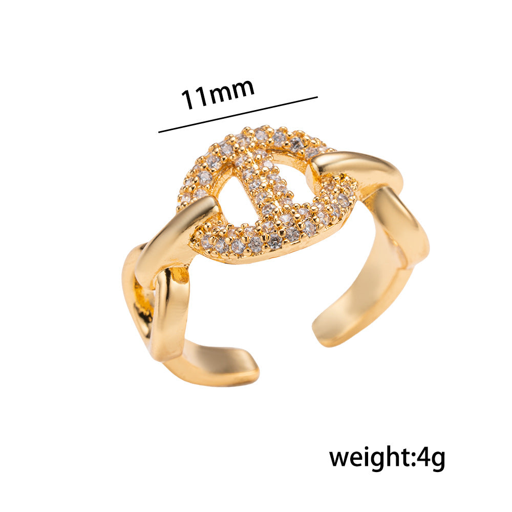 Minimalist Elegant Geometric Letter Ring 18K Gold Plated Brass Full Cubic Zirconia Inlay Open Adjustable Finger Ring for Women