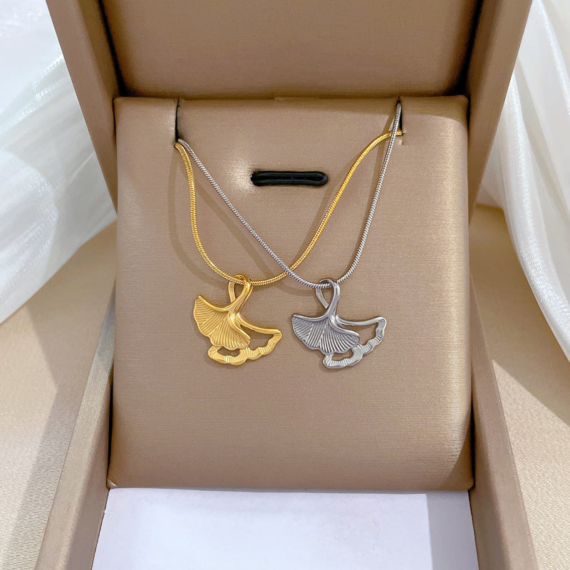 Minimalist Ginkgo Leaf Pendant Necklace in Titanium Steel with Rhinestone Inlay for Women
