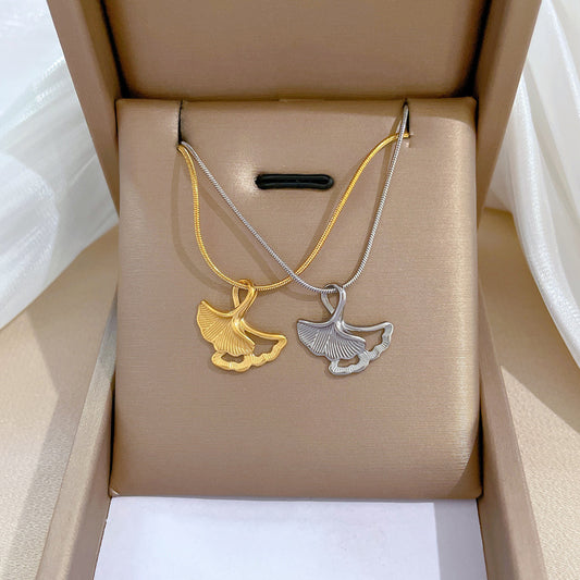Minimalist Ginkgo Leaf Pendant Necklace in Titanium Steel with Rhinestone Inlay for Women