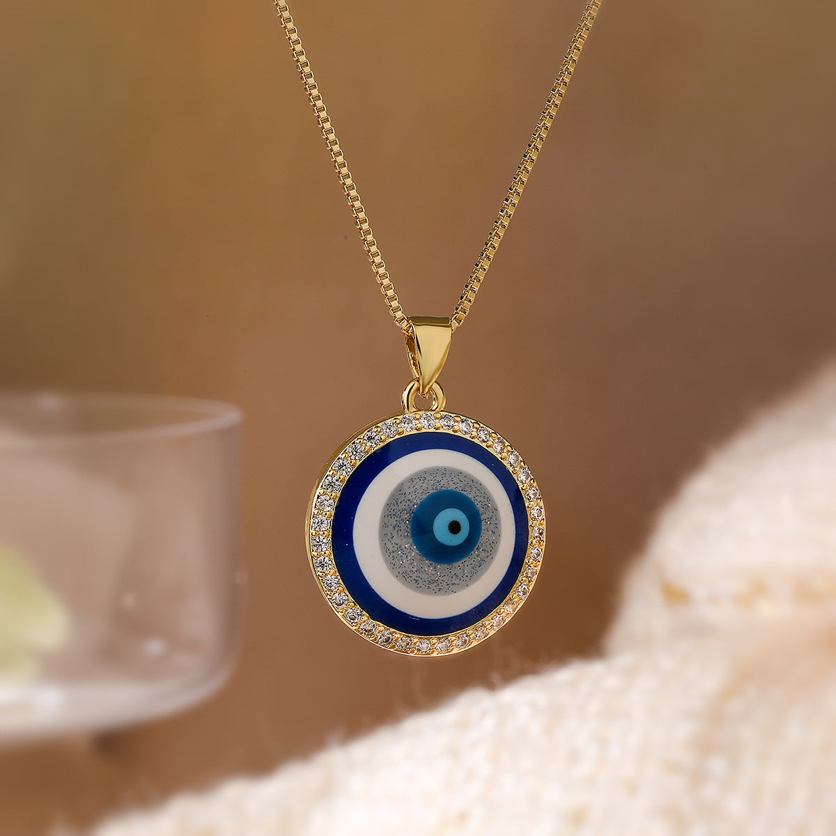 Minimalist Geometric Evil Eye Pendant Necklace in Brass with Gold Plating and Zircon Inlay