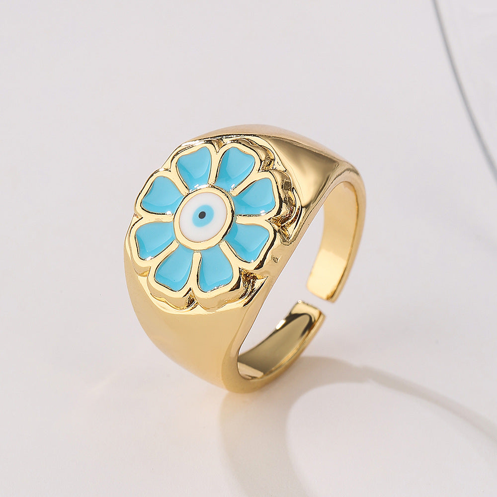 Bohemian Copper Ring with 18K Gold Plating and Enamel Floral Design for Women