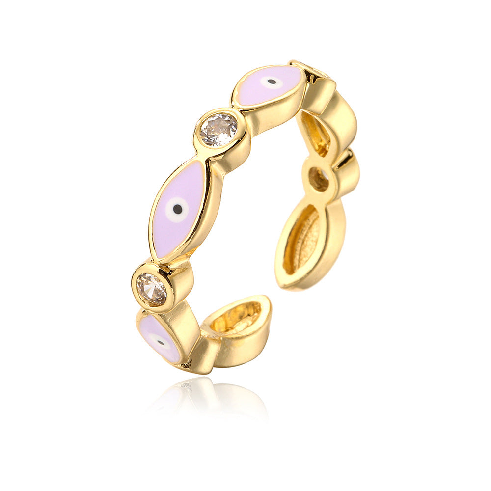 Minimalist Geometric Copper Ring with 18K Gold Plating and Enamel Eye Detail for Women