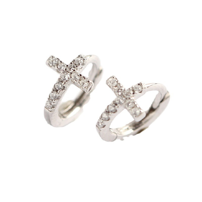 Dolci Orecchini a Polsino Minimalisti a Croce con Strass in Argento Sterling 925 da Donna