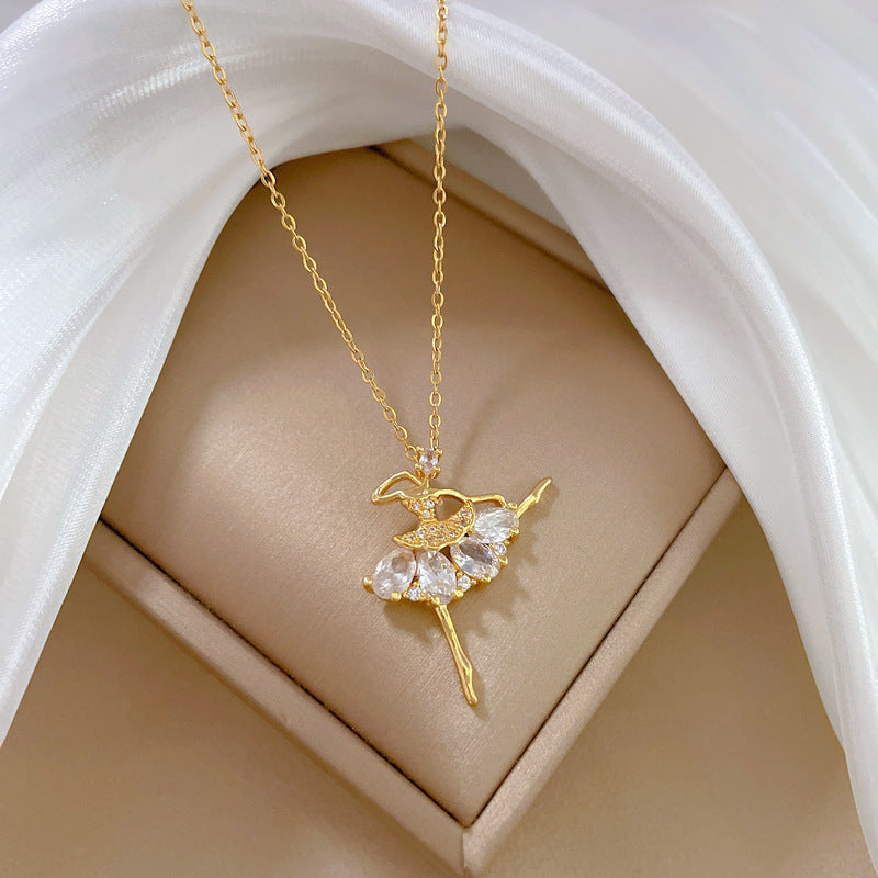 Elegant Ballet Dancer Pendant Necklace for Women with Rhinestone Accents on Titanium Steel Chain, Geometric Design, Minimalist and Sweet Style