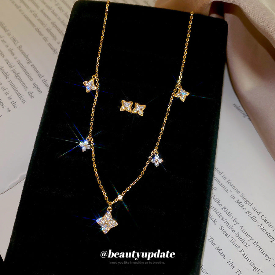 Elegant Floral Design Gold-Plated Copper Necklace and Earrings Set with Zircon Inlay for Women