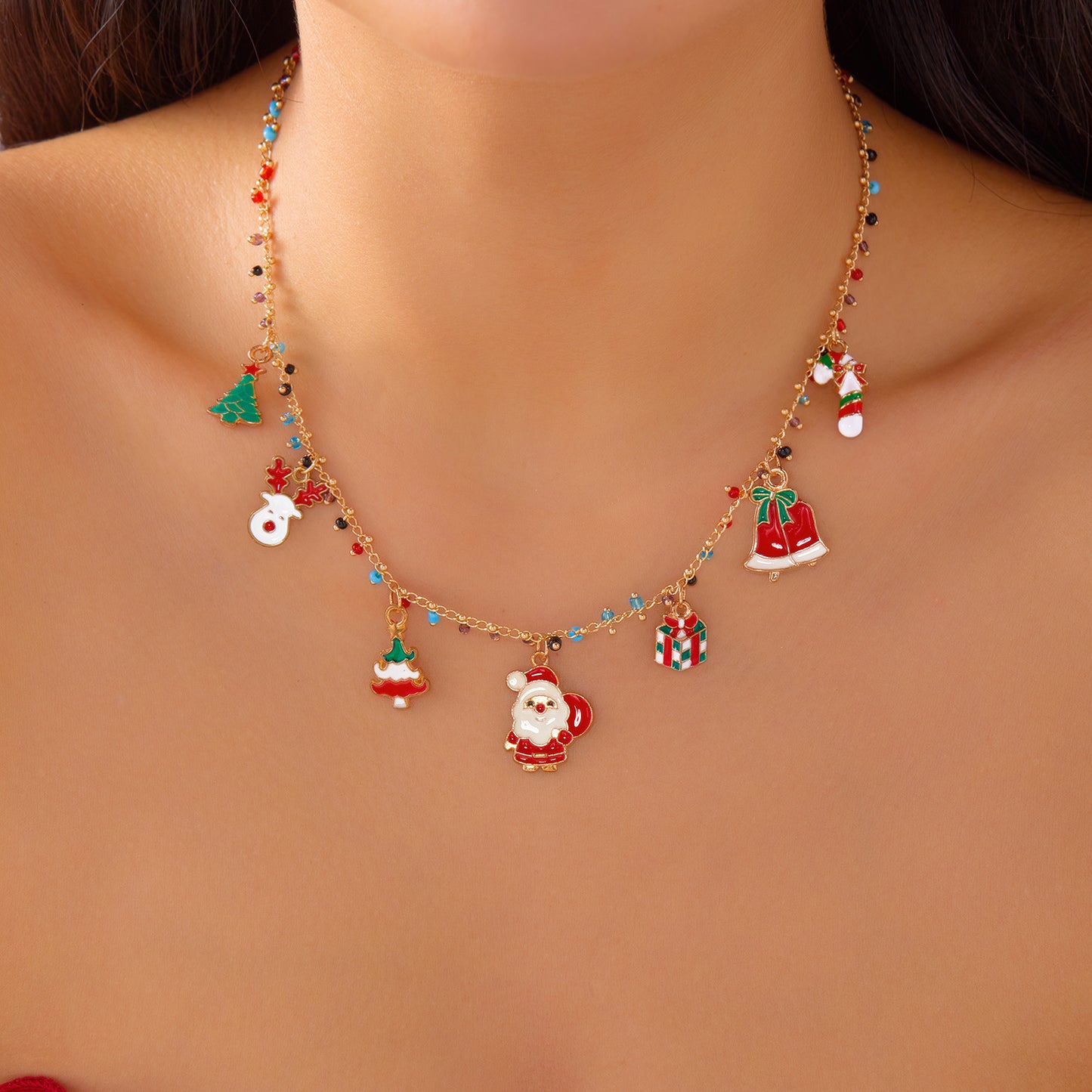 Collana pendente alla moda Babbo Natale e pupazzo di neve per donne con struttura in lega di zinco e finitura placcata