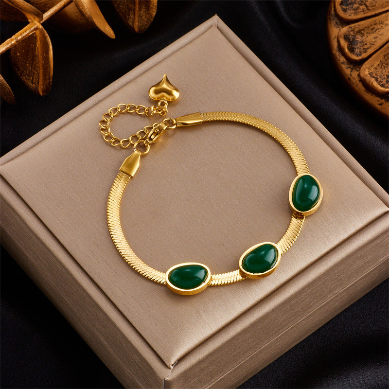 Vintage Minimalist Emerald Green Titanium Steel Plated Blade Link Bracelet for Women