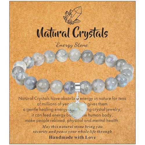 Minimalist 8mm Crystal Beaded Bracelet with Heart Pendant Polished Rose Quartz Rhodonite Elastic String