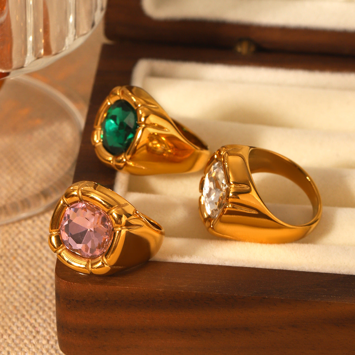 Ins Style Geometric 18K Gold Plated Stainless Steel Ring with Cubic Zirconia for Women