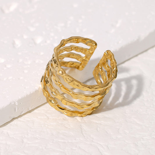 Minimalist Geometric Stainless Steel Ring with Irregular Hammered Texture and Plated Finish for Women