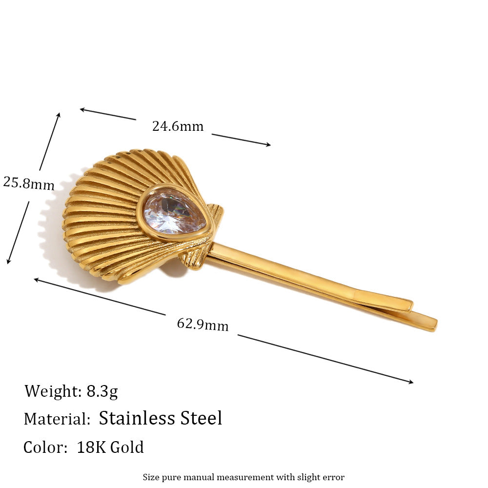 Fermaglio per capelli da donna stile vintage a forma di conchiglia in acciaio inossidabile con placcatura in oro 18K e intarsio di zirconi