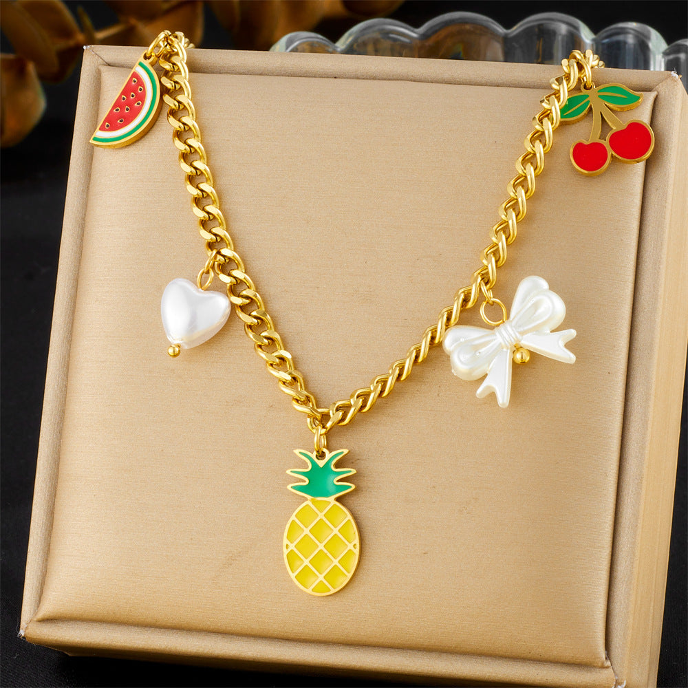 Elegant Cartoon Drip Oil Plated Stainless Steel Butterfly Fruit Jewelry Set with Serpentine Chain for Women