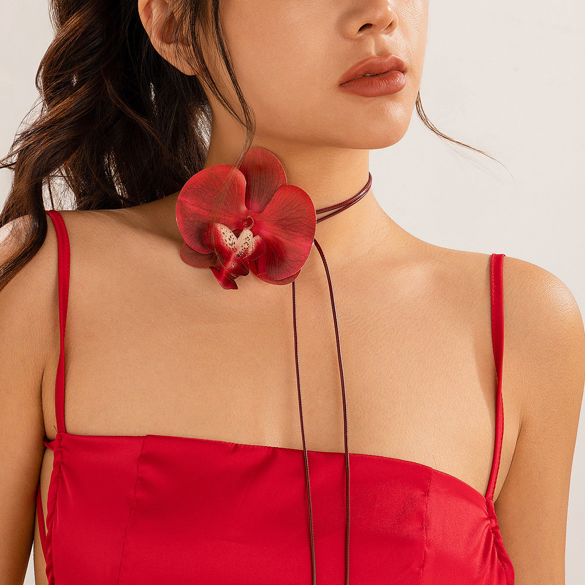 Minimalist Floral Choker Necklace with 3D Orchid Pendant on Braided Wax Cord for Women