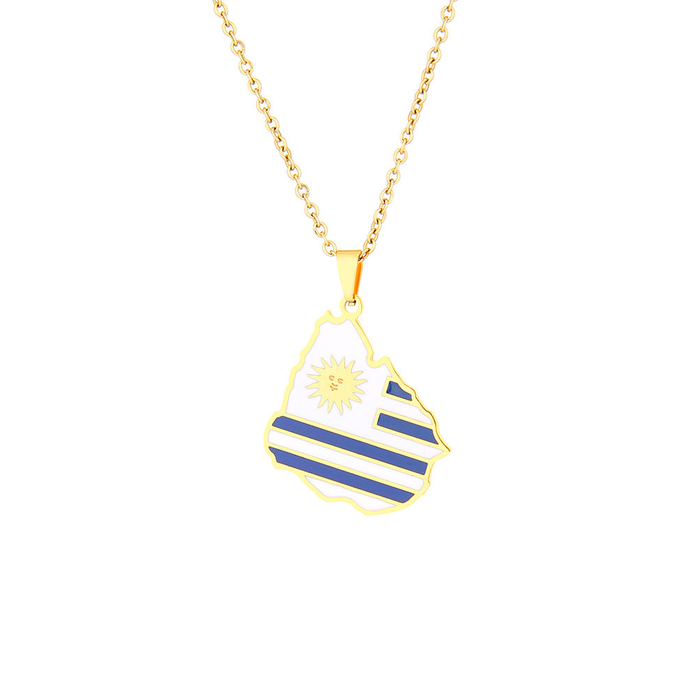 Collana con Pendente Mappa Etnica Geometrica Uruguay in Acciaio Inossidabile con Ciondolo in Acciaio al Titanio e Finitura Galvanizzata su Catena a O