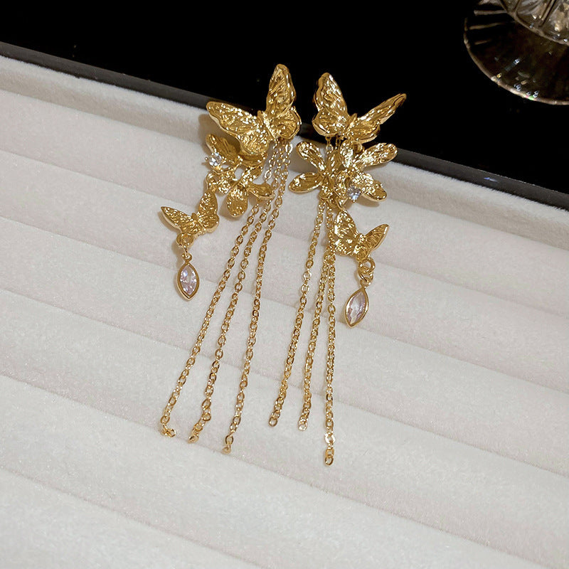 Orecchini a perno pendenti da donna con farfalla e fiore intarsiati di strass, stile chic, con perni in argento 925