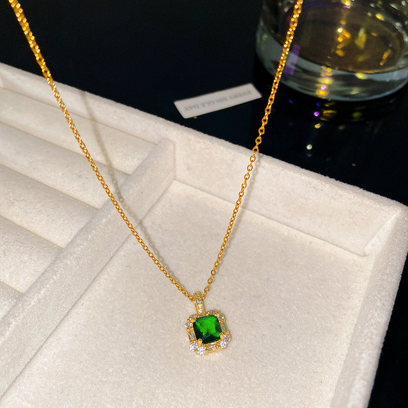 Sporty Sweet Square Fruit Emerald Cubic Zirconia Plated Titanium Steel Necklace with Brass Pendant Cable Chain