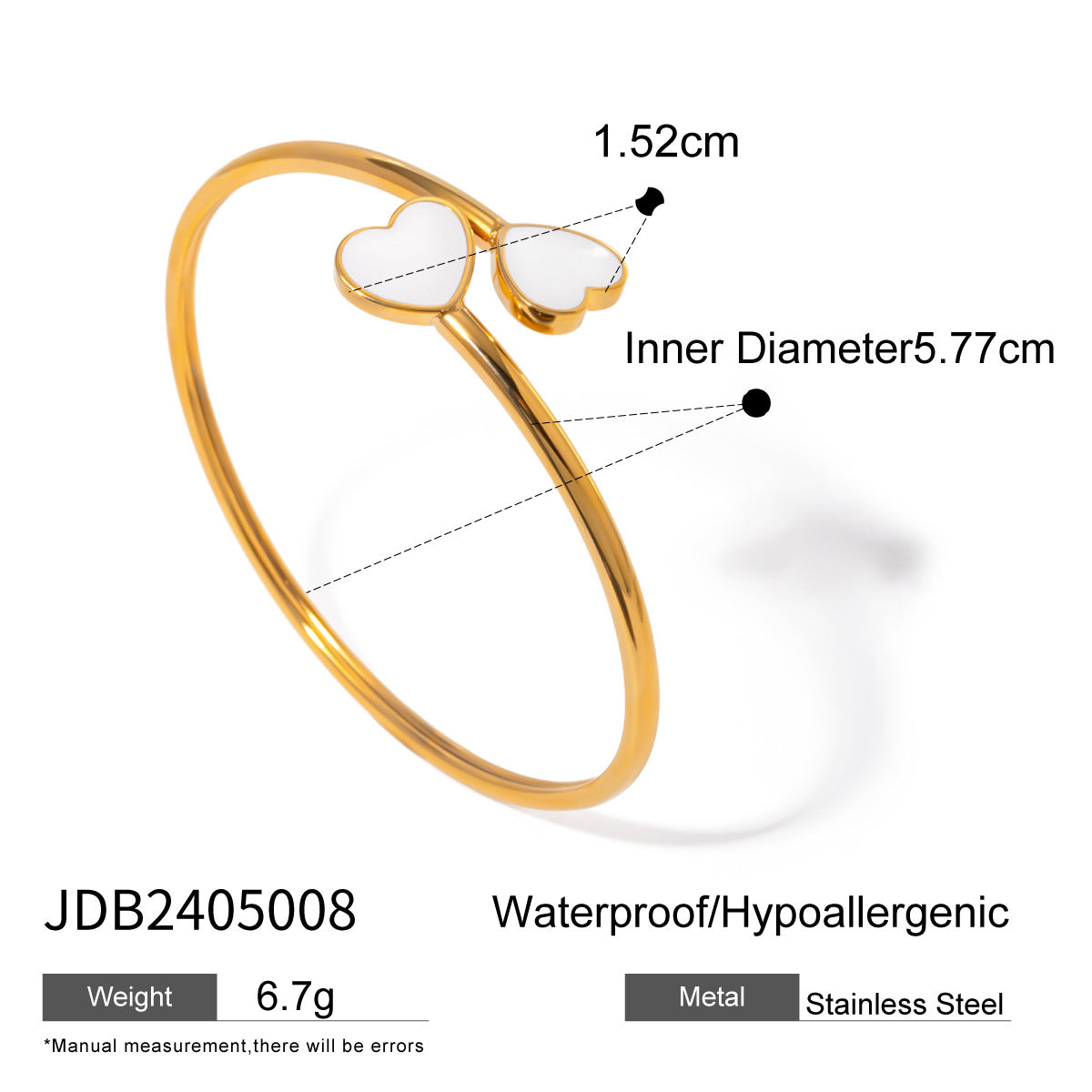 Bracciale a Polsino Aperto Minimalista in Acciaio Inossidabile Placcato Oro 18K con Cuore Smaltato Bianco per Donna