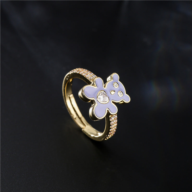 Cute Drip Oil Micro-inlaid Cubic Zirconia Brass Bear Ring for Women