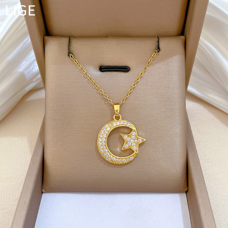 Sweet Star Moon Geometric Titanium Steel Necklace with Cubic Zirconia Brass Pendant for Unisex
