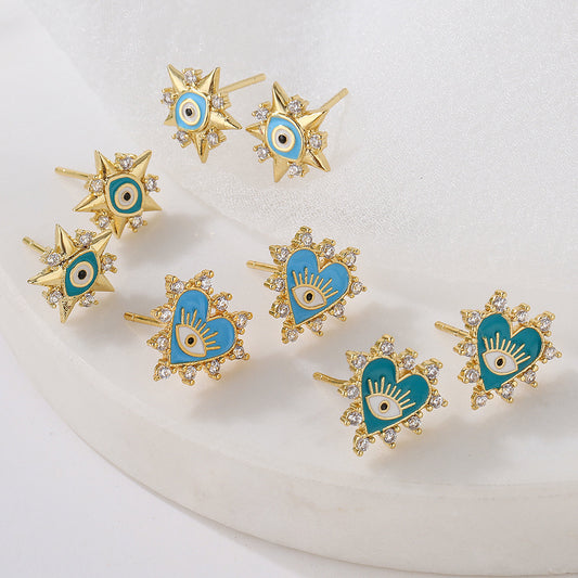 Geometric Earrings for Women with Copper Base Plated in 18K Gold and Enamel-Finished Zirconia Eye Accents