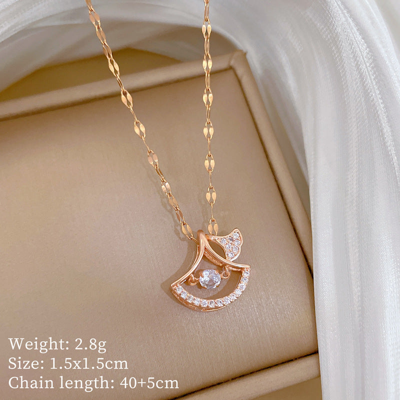 Sweet Elegant Ginkgo Leaf Plant Shape Rhinestone Inlay Titanium Steel Necklace with Cable Chain for Unisex